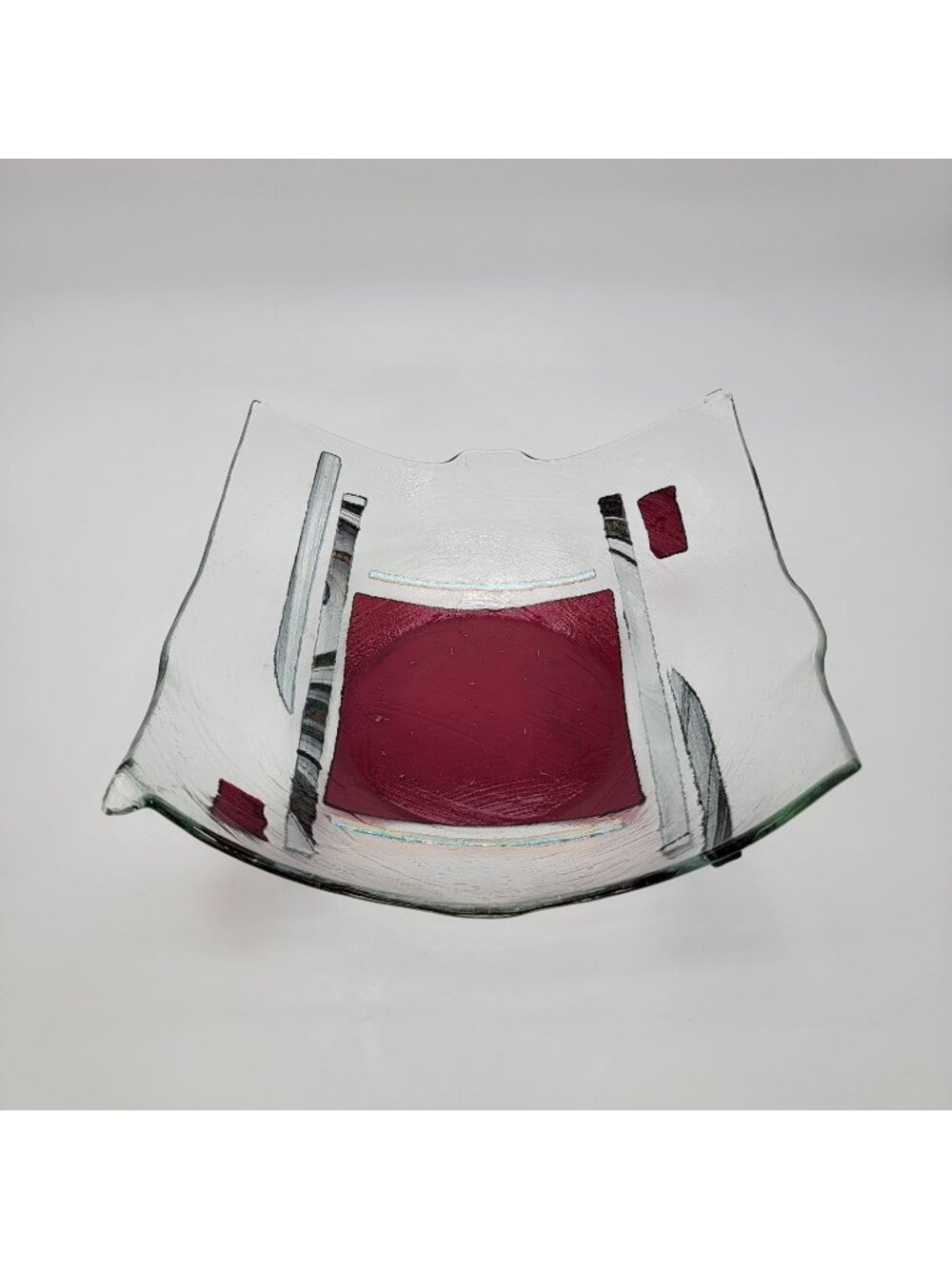 Large Fused Glass Bowl With Abstract Red & Clear Design